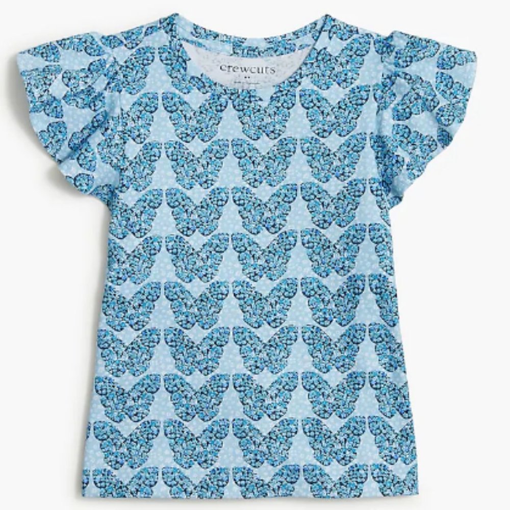 Crewcuts Girls Short Sleeve Ruffle-sleeve top Butterfly Pattern Blue Large